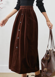 Style Chocolate Elastic Waist Button Corduroy Skirts Fall