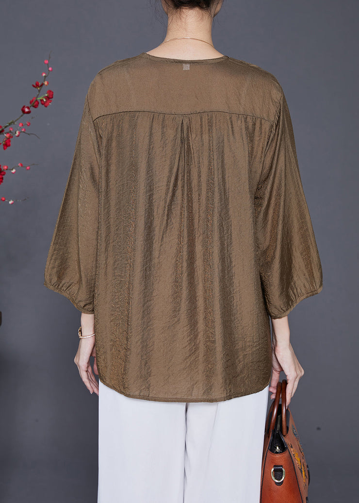 Style Chocolate V Neck Embroideried Silk Tops Bracelet Sleeve