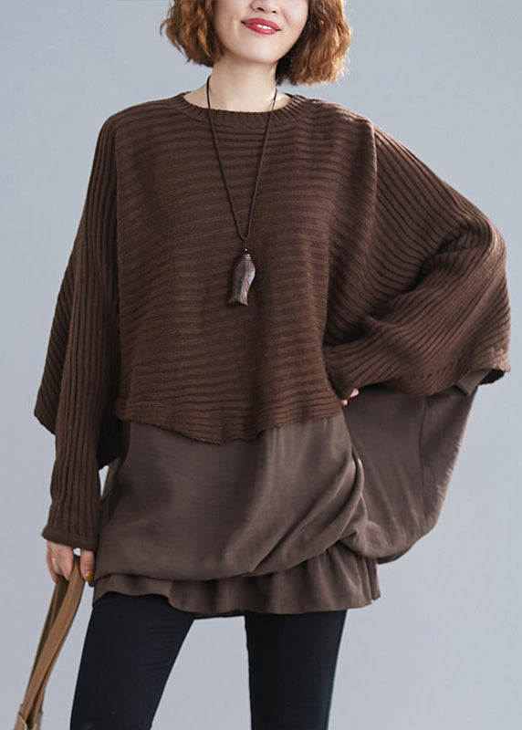 Style Chocolate O-Neck Patchwork Knit Sweaters Batwing Sleeve