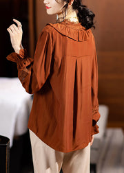 Style Coffee Ruffled Button Patchwork Cotton Blouse Top Fall