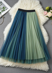 Style Colorblock Elastic Waist Patchwork Tulle Pleated Skirts Fall