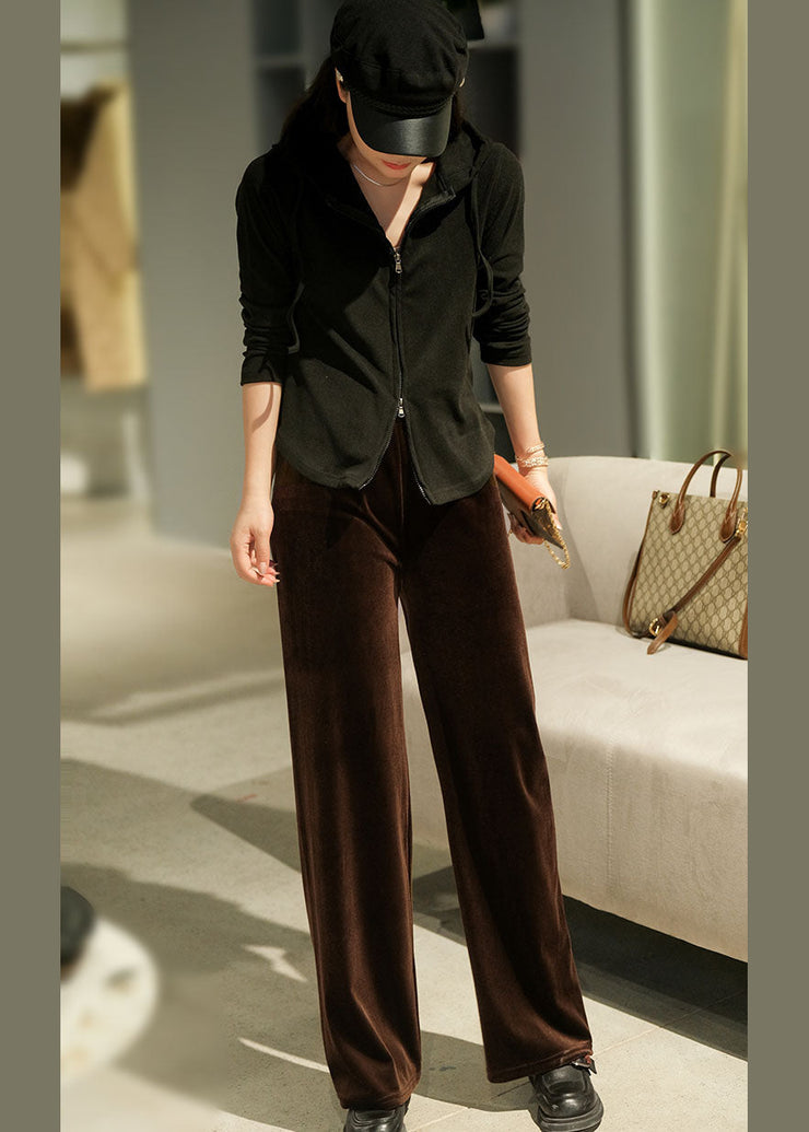 Style Dark Chocolate Elastic Waist Draping Silk Velour Wide Leg Pants Winter