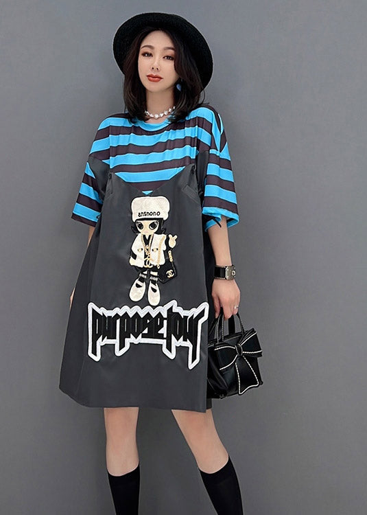 Style Dark Grey O-Neck Cartoon Print Striped Patchwork Dresses Short Sleeve