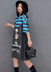 Style Dark Grey O-Neck Cartoon Print Striped Patchwork Dresses Short Sleeve