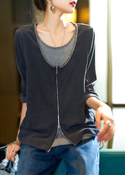 Style Dark Grey O-Neck Drawstring Nail Bead Fake Two Pieces Top Long Sleeve