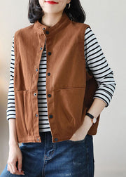 Style Dark Orange Stand Collar Patchwork Button Cotton Beach Vest Sleeveless