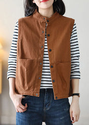 Style Dark Orange Stand Collar Patchwork Button Cotton Beach Vest Sleeveless