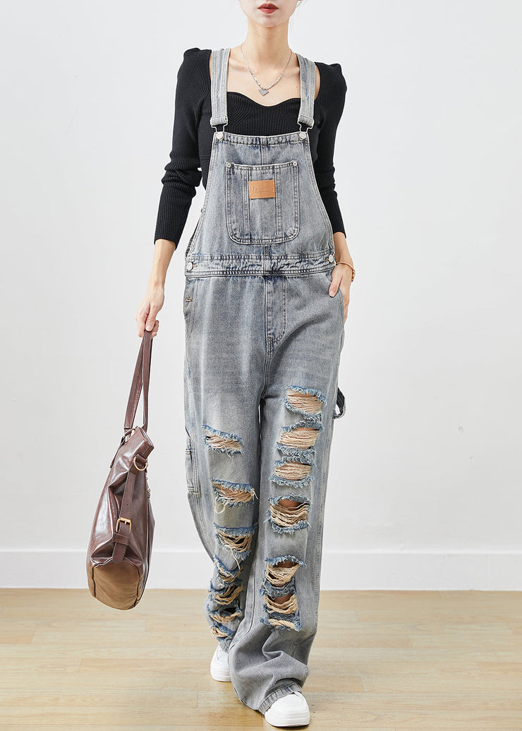 Style Denim Blue Oversized Cotton Ripped Jumpsuit Fall