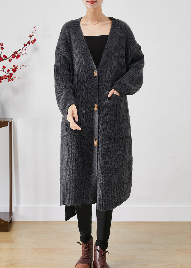 Style Dull Grey V Neck Pockets Knit Long Cardigan Fall