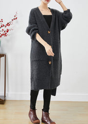 Style Dull Grey V Neck Pockets Knit Long Cardigan Fall