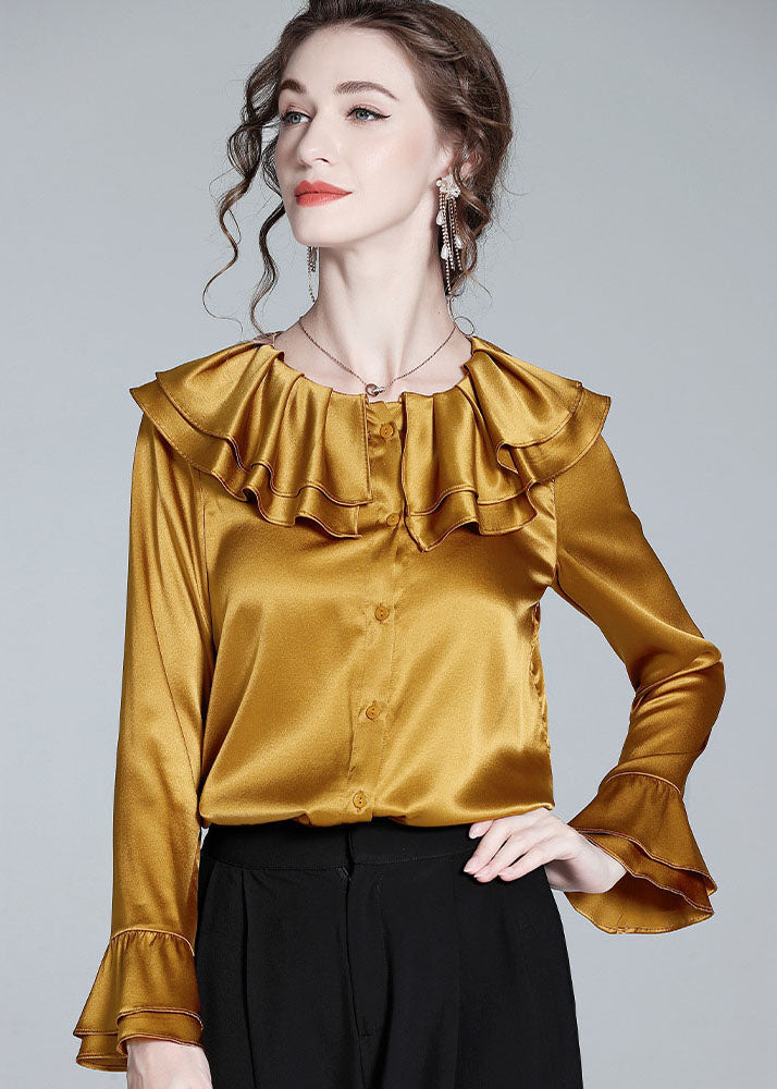 Style Gold Ruffled Patchwork Button Silk Shirt Flare Sleeve