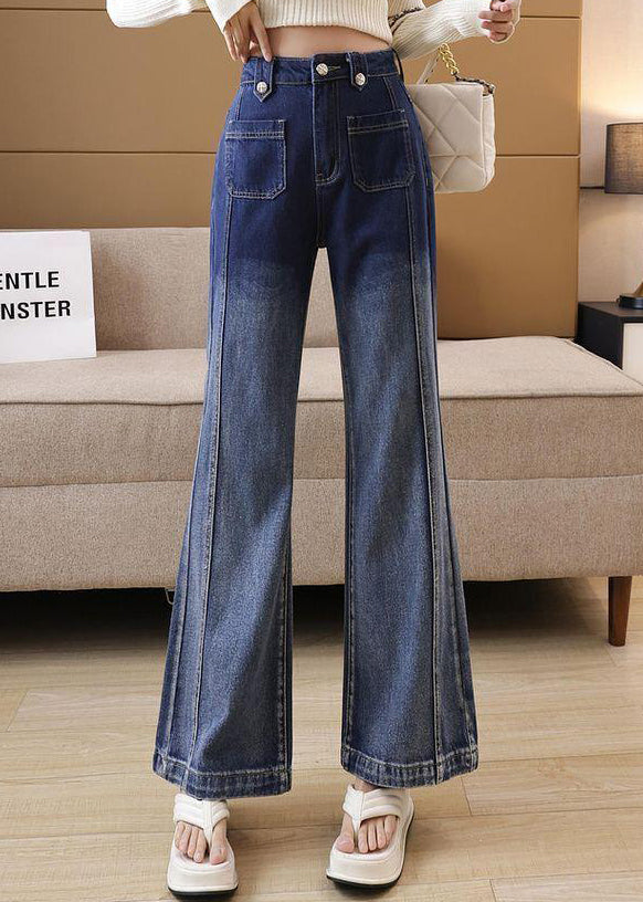 Style Gradient Blue Pockets Patchwork Denim Flared Trousers Spring