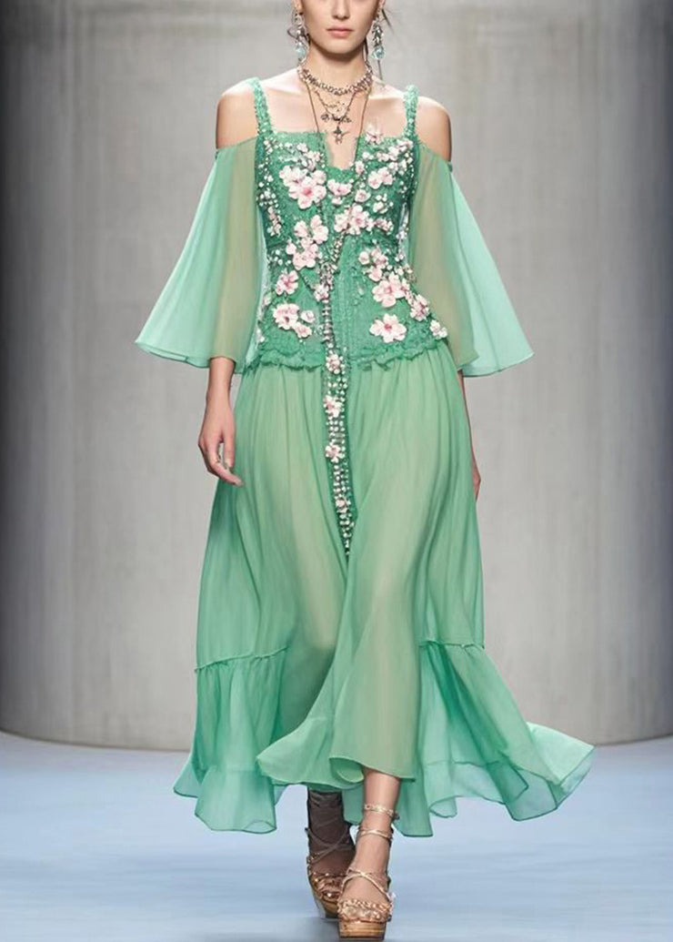 Style Green Cold Shoulder Three-dimensional Floral Chiffon Dress Summer