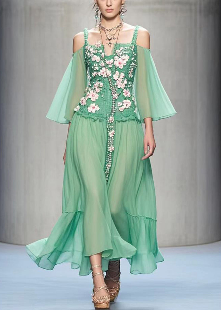 Style Green Cold Shoulder Three-dimensional Floral Chiffon Dress Summer