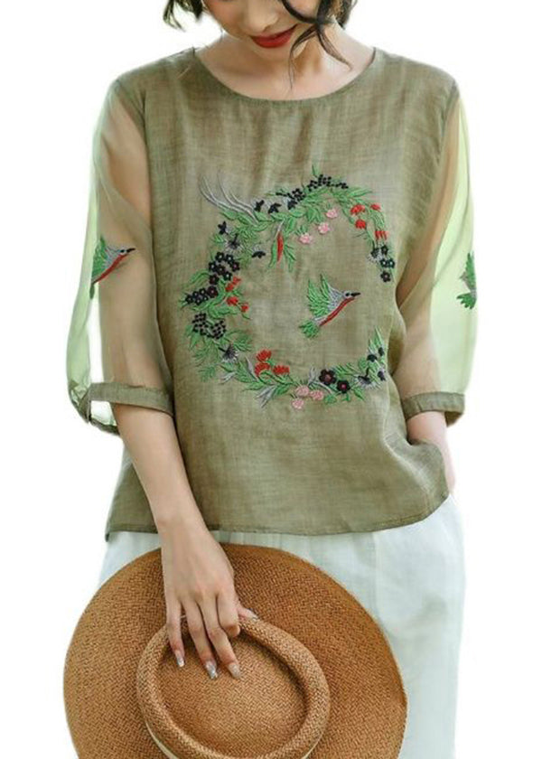 Style Green Embroideried Patchwork Hollow Out Linen Shirt Summer