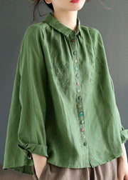 Style Green Embroideried Patchwork Linen Shirts Spring