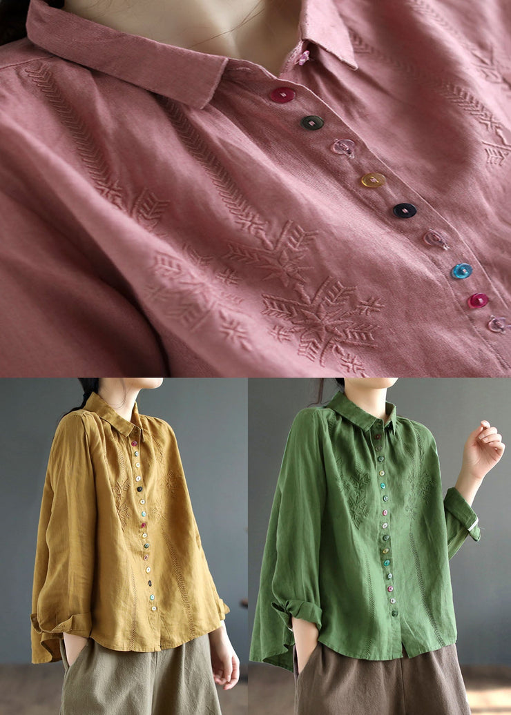 Style Green Embroideried Patchwork Linen Shirts Spring