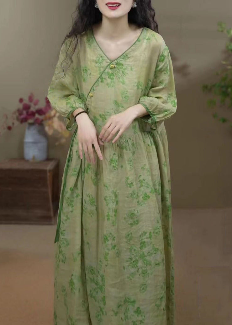 Style Green Lace Up Print Pockets Cotton Long Dress Bracelet Sleeve