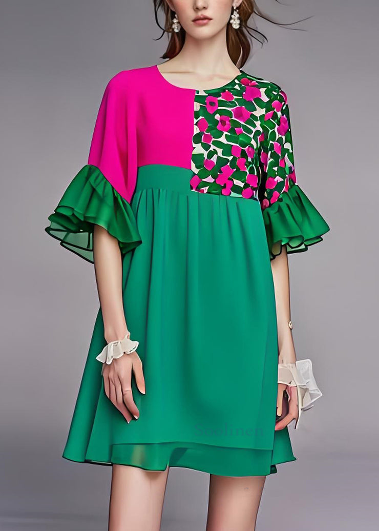 Style Green O Neck Patchwork Chiffon Mid Dress Butterfly Sleeve