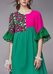 Style Green O Neck Patchwork Chiffon Mid Dress Butterfly Sleeve