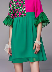 Style Green O Neck Patchwork Chiffon Mid Dress Butterfly Sleeve