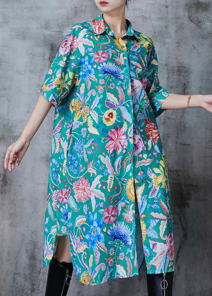 Style Green Oversized Print Chiffon Shirt Dress Summer