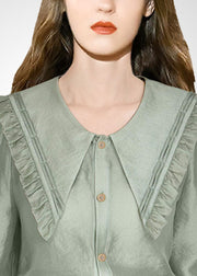 Style Green Peter Pan Collar Ruffled Shirt Tops Spring