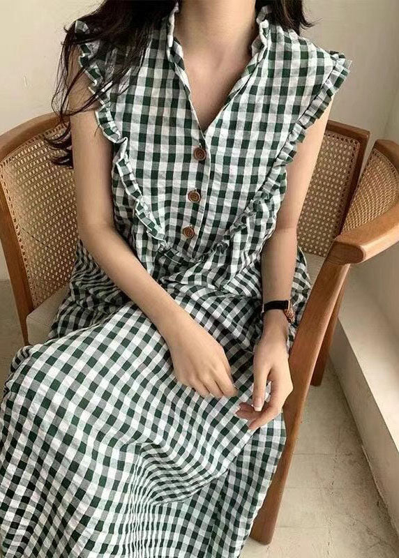 Style Green Plaid Ruffled Patchwork Cotton Dress Sleeveless