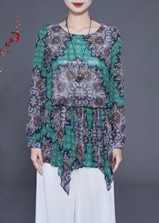 Style Green Print Asymmetrical Design Chiffon Blouses Spring