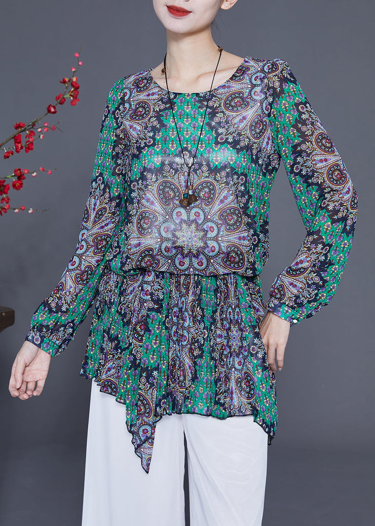 Style Green Print Asymmetrical Design Chiffon Blouses Spring