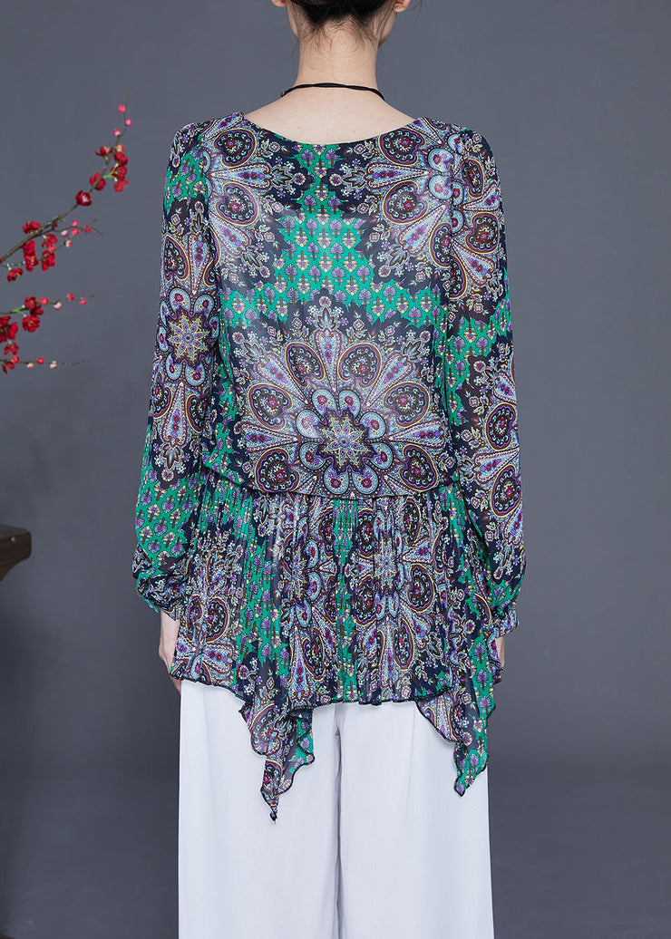 Style Green Print Asymmetrical Design Chiffon Blouses Spring