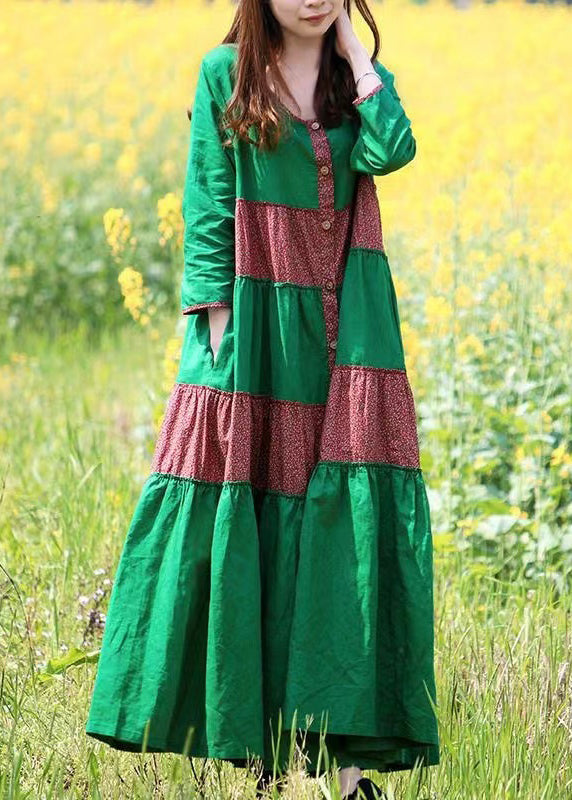 Style Green Print Pockets Maxi Dress Long Sleeve