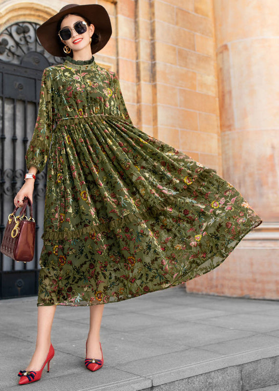 Style Green Ruffled Jacquard Patchwork Silk Velour Dresses Fall