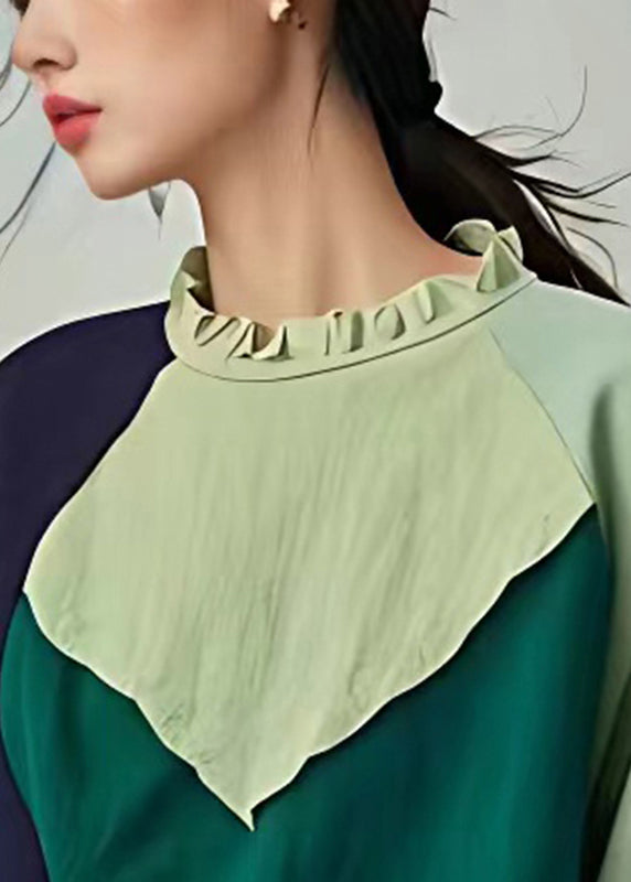 Style Green Ruffled Patchwork Linen Blouse Tops Spring