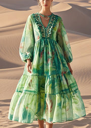 Style Green Ruffled Print Cotton Party Dress Fall