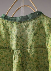 Style Green Stand Collar Print Linen Shirt Top Half Sleeve