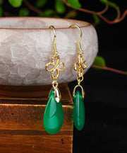 Style Green Sterling Silver Overgild Water Drop Chalcedony Drop Earrings