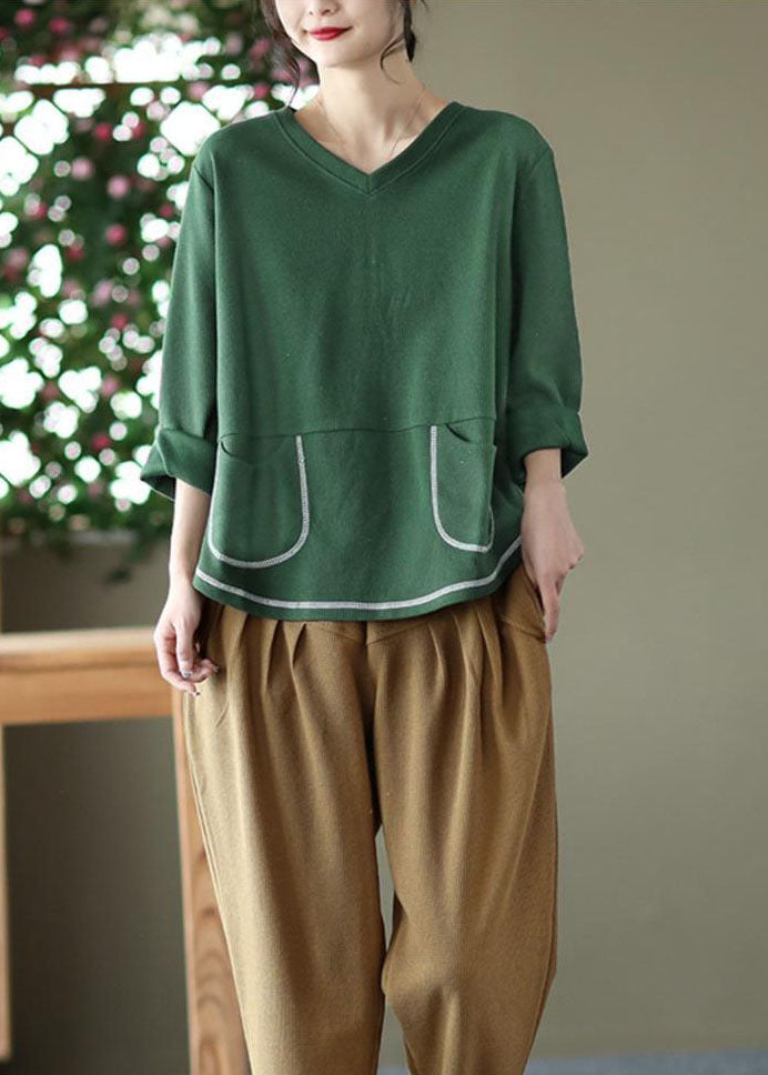 Style Green V Neck Pockets Cotton Loose Sweatshirts Top Long Sleeve