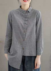 Style Grey Asymmetrical Design Oriental Button Cotton Blouses Long Sleeve