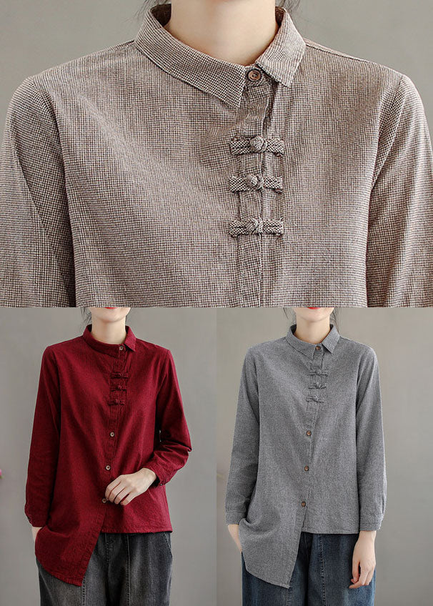 Style Grey Asymmetrical Design Oriental Button Cotton Blouses Long Sleeve