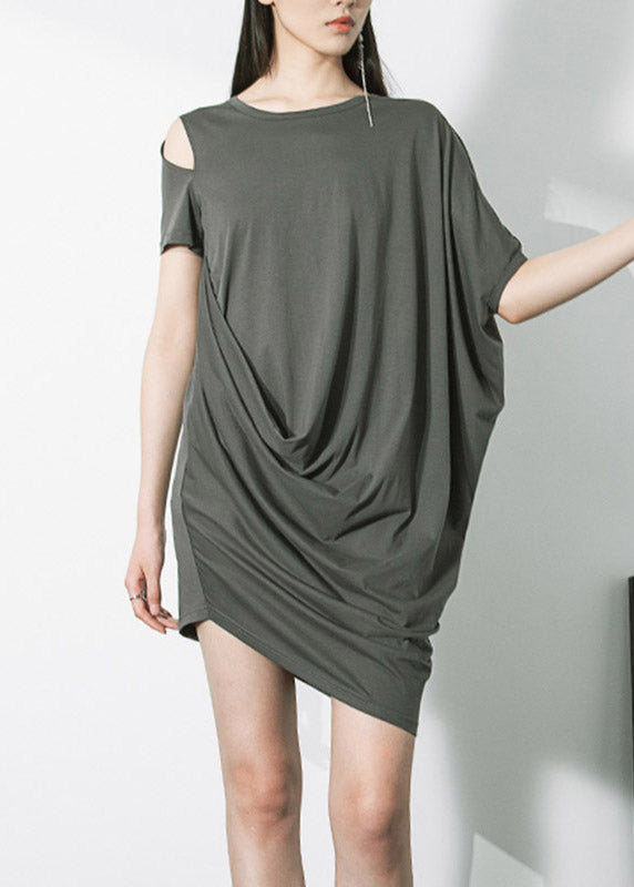 Style Grey Asymmetrical Design Wrinkled Cotton Mid Dress Short Sleeve