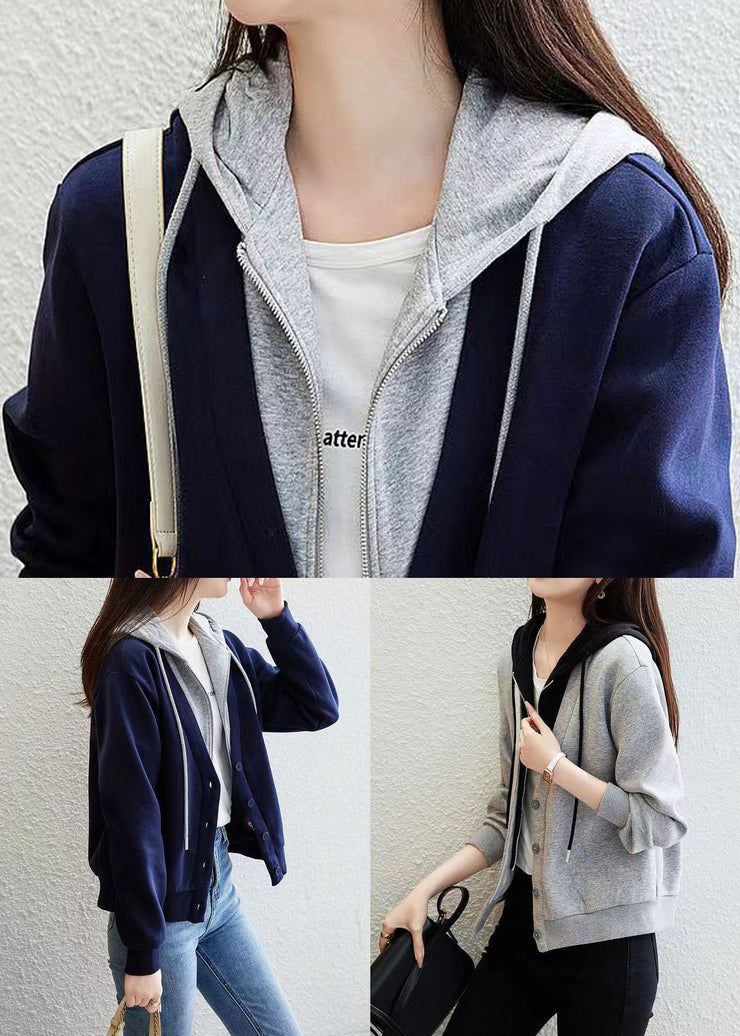 Style Grey Button Patchwork False Two Pieces Cotton Hooded Coat Fall