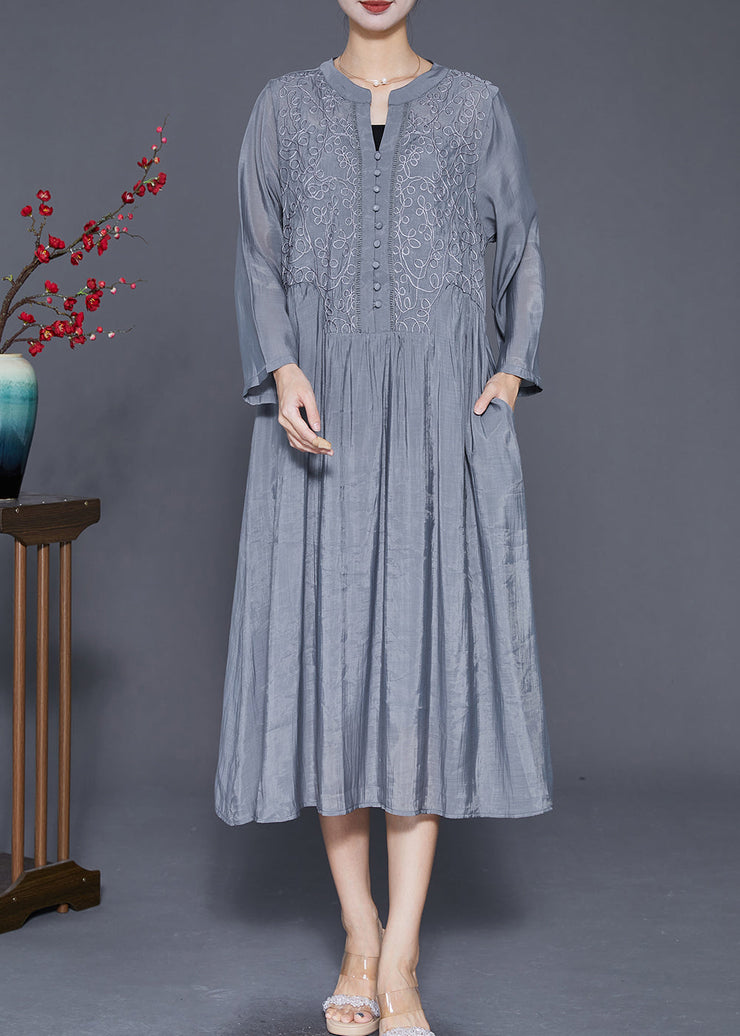 Style Grey Embroideried Silk Maxi Dresses Fall