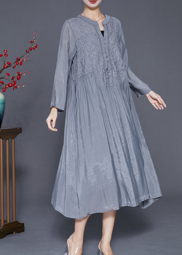 Style Grey Embroideried Silk Maxi Dresses Fall