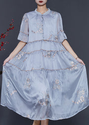 Style Grey Ruffled Embroidered Silk Long Dresses Summer