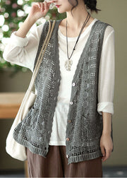 Style Grey V Neck Hollow Out Knit Vest Spring