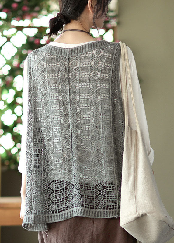 Style Grey V Neck Hollow Out Knit Vest Spring