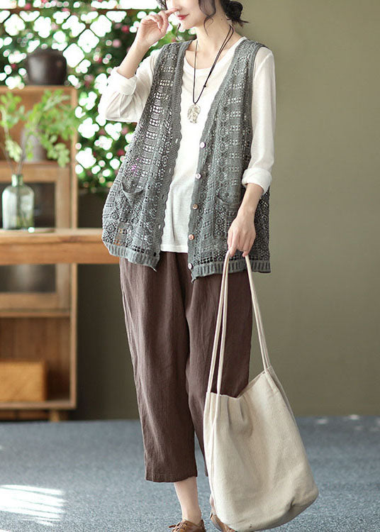 Style Grey V Neck Hollow Out Knit Vest Spring