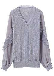 Style Grey V Neck Tulle Patchwork Ruffles Cotton Shirt Top Long Sleeve