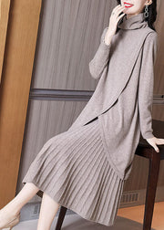 Style Khaki Turtle Neck Asymmetrical Design Knit Pleated Dress Two Piece Set Winter